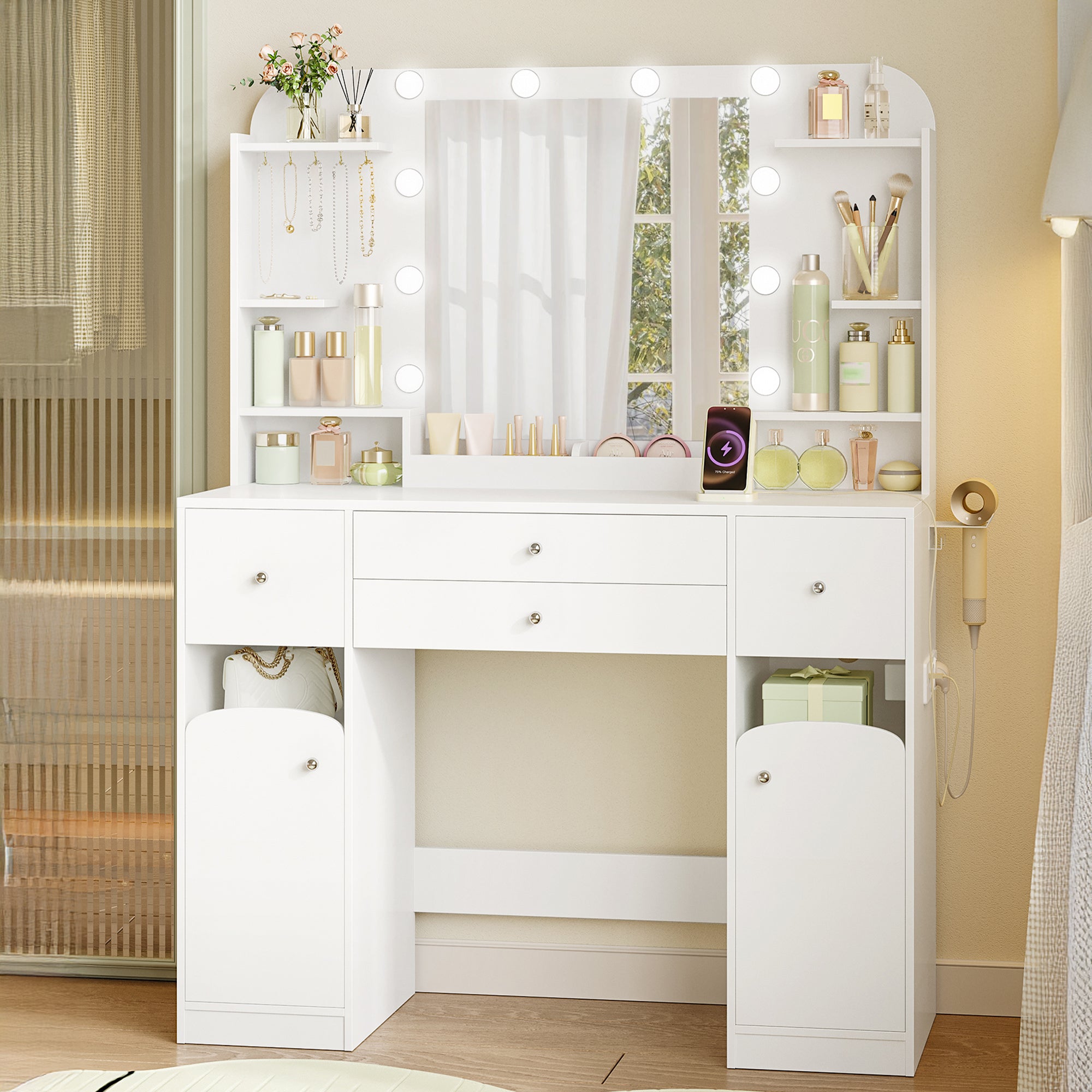 Hzuaneri Dressing Table with LED Lighting with Plug and Hair Dryer Holder, Large Table Top 108 cm, Dressing Table with 2 Large Drawers with Jewellery Tray, 2 Cabinets, 40 x 108 x 144 cm, White DT41503XEU