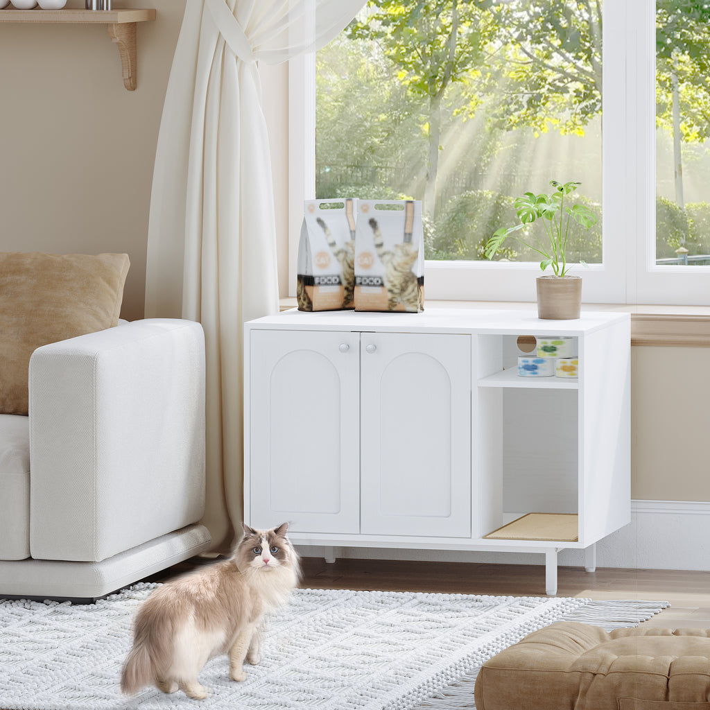 Hzuaneri Cat Litter Box Enclosure, Hidden Litter Box Furniture with Scratching Mat, Wooden Pet House Side End Table, Tall Legs, Double Doors, 80 x 50 x 61 cm, White CB01513W