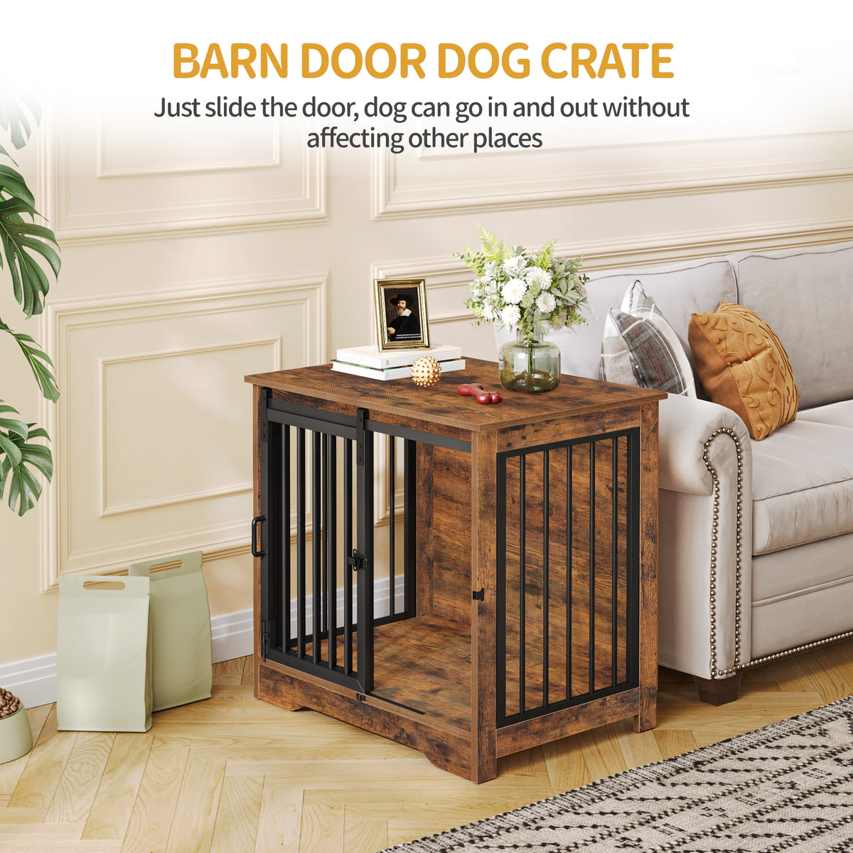 Hzuaneri 27.2" Dog Crate Furniture with Barn Door, Heavy Duty Wooden Kennel for Small Dogs up to 22 lb, Rustic Brown