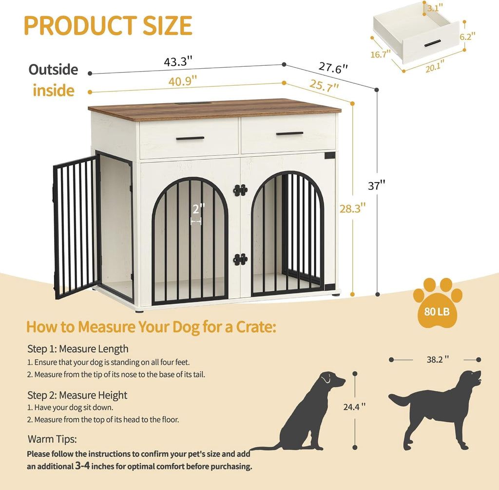Hzuaneri 43.3'' Dog Crate Furniture for Large Dog, Indoor Dog Kennel with 2 Storage Drawers, Charging Station, Wooden Dog Cage End Table Kennel, White Brown