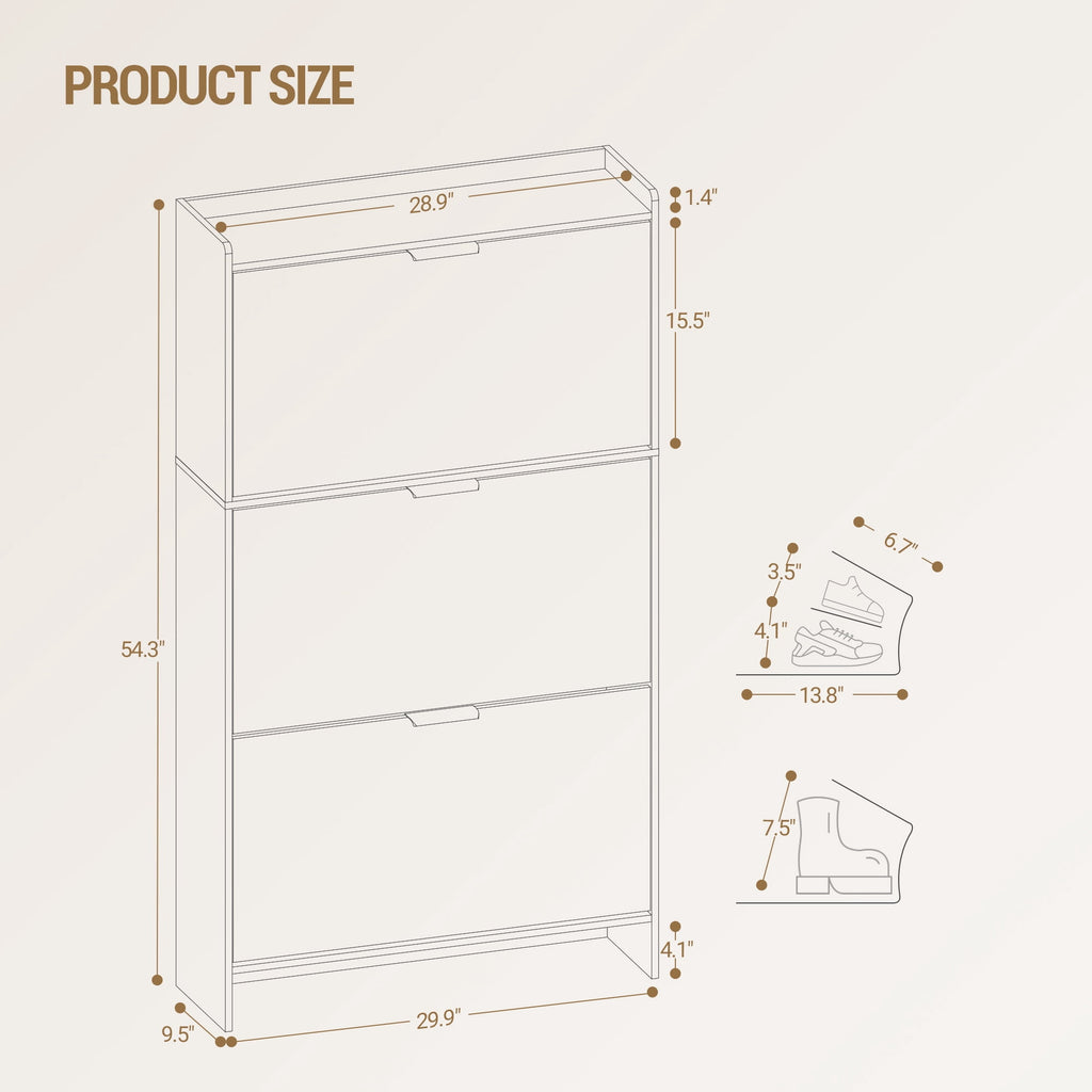 Hzuaneri 54.3" Tall Narrow Hidden Shoe Organizer, Freestanding Cabinet Featuring 3 Flip‑Top Drawers, Adjustable Shelves and Gold Handles, Stores 18‑24 Pairs, for Entryway, White