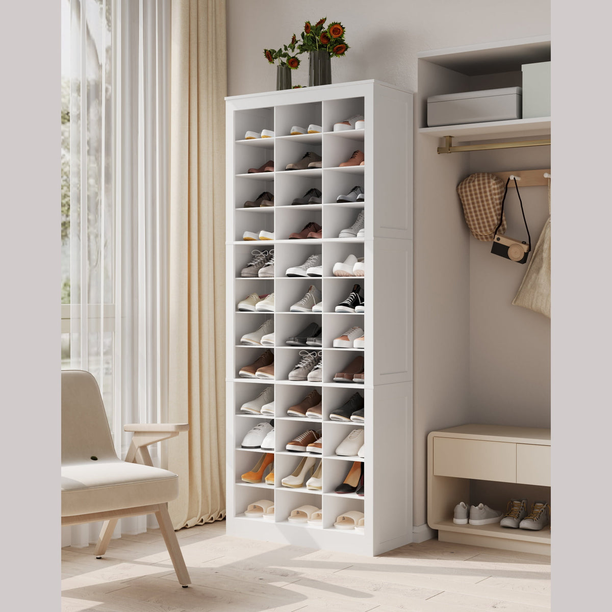 Hzuaneri 12-Tier Shoe Storage Cabinet, Wooden Tall Shoe Rack Organizer, Holds up to 36 Pairs of Shoes, Shoe Storage Organizer for Closet, Entryway, Dorm, Bedroom, White