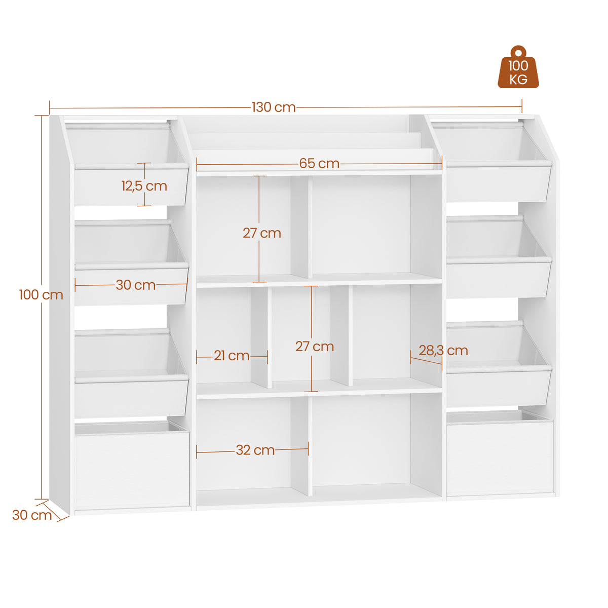 HEXCELEN Children's Shelf, Children's Shelf with 8 Fabric Drawers, Children's Bookcase, Toy Shelf for Children's Room, Living Room, Study, White, 30 x 130 x 100 cm 614203W