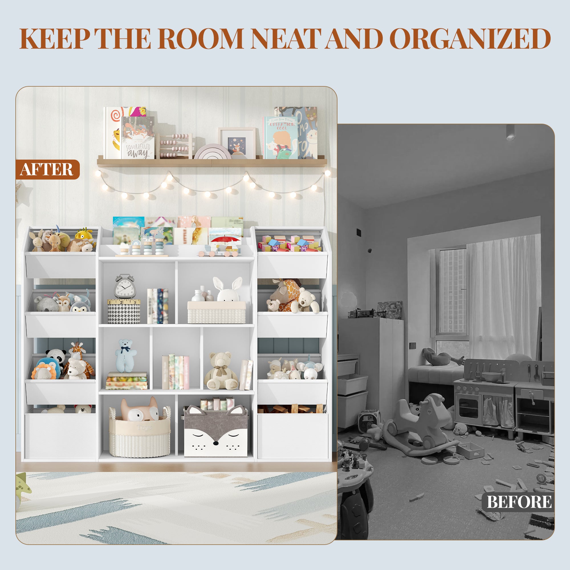 HEXCELEN Children's Shelf, Children's Shelf with 8 Fabric Drawers, Children's Bookcase, Toy Shelf for Children's Room, Living Room, Study, White, 30 x 130 x 100 cm 614203W