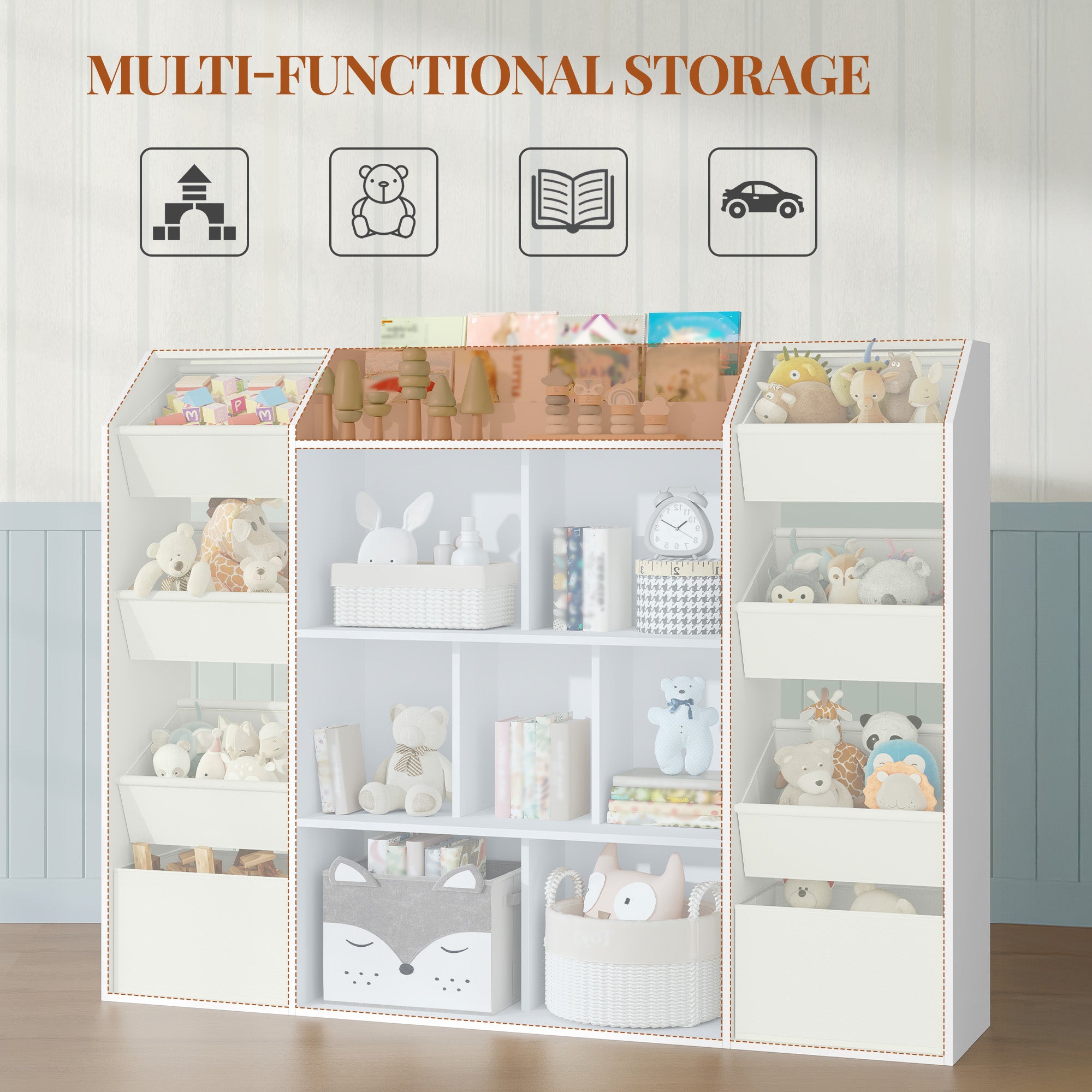 HEXCELEN Children's Shelf, Children's Shelf with 8 Fabric Drawers, Children's Bookcase, Toy Shelf for Children's Room, Living Room, Study, White, 30 x 130 x 100 cm 614203W