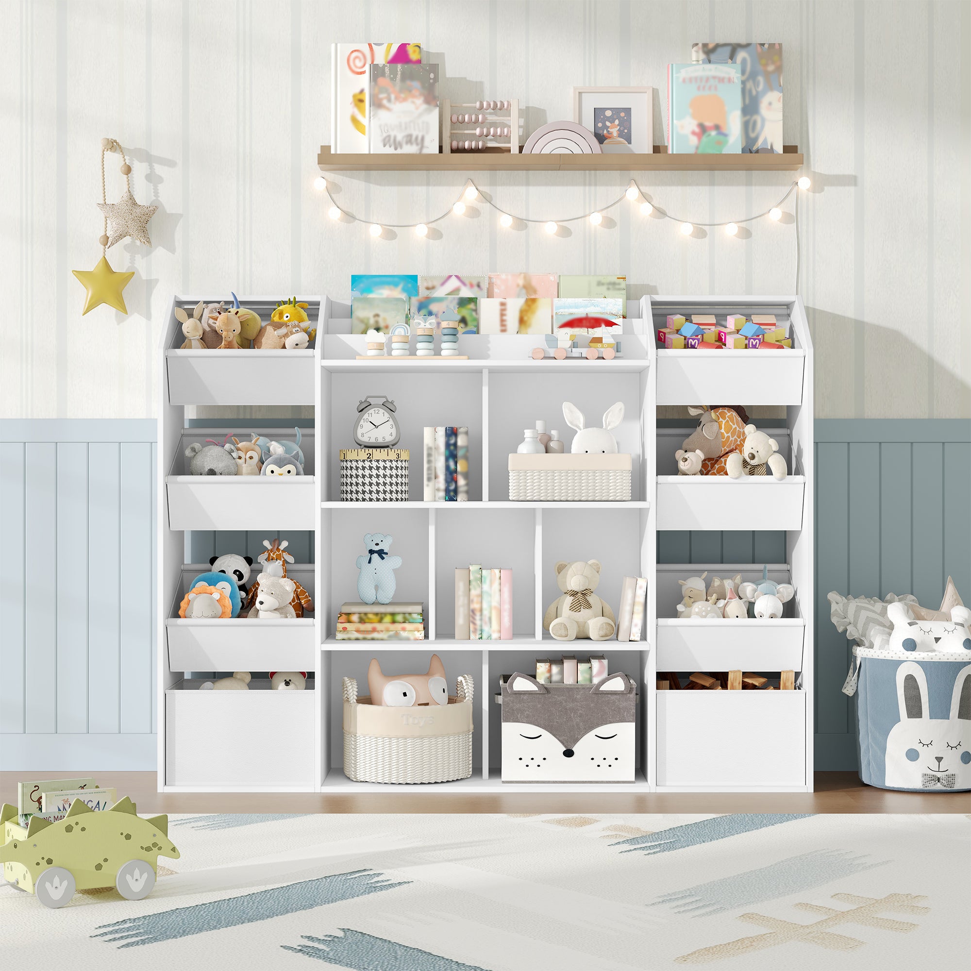 HEXCELEN Children's Shelf, Children's Shelf with 8 Fabric Drawers, Children's Bookcase, Toy Shelf for Children's Room, Living Room, Study, White, 30 x 130 x 100 cm 614203W