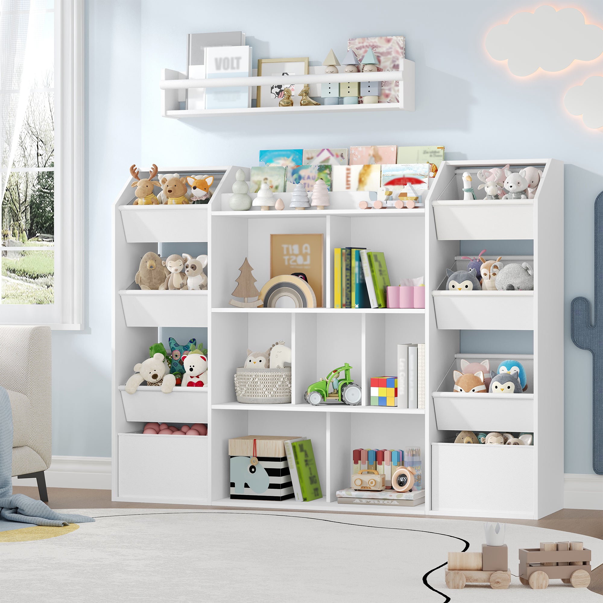 HEXCELEN Children's Shelf, Children's Shelf with 8 Fabric Drawers, Children's Bookcase, Toy Shelf for Children's Room, Living Room, Study, White, 30 x 130 x 100 cm 614203W
