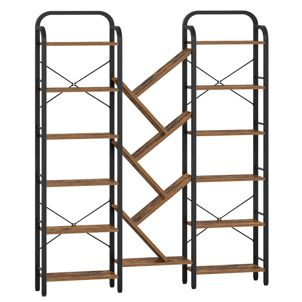 HEXCELEN Bookcase, 6 Tier 18 Compartments Tree Shaped Bookcase, Standing Shelf, Adjustable Open Shelves for Study, Living Room, Vintage Brown/Black, 24 x 152 x 198.5 cm, 615101B