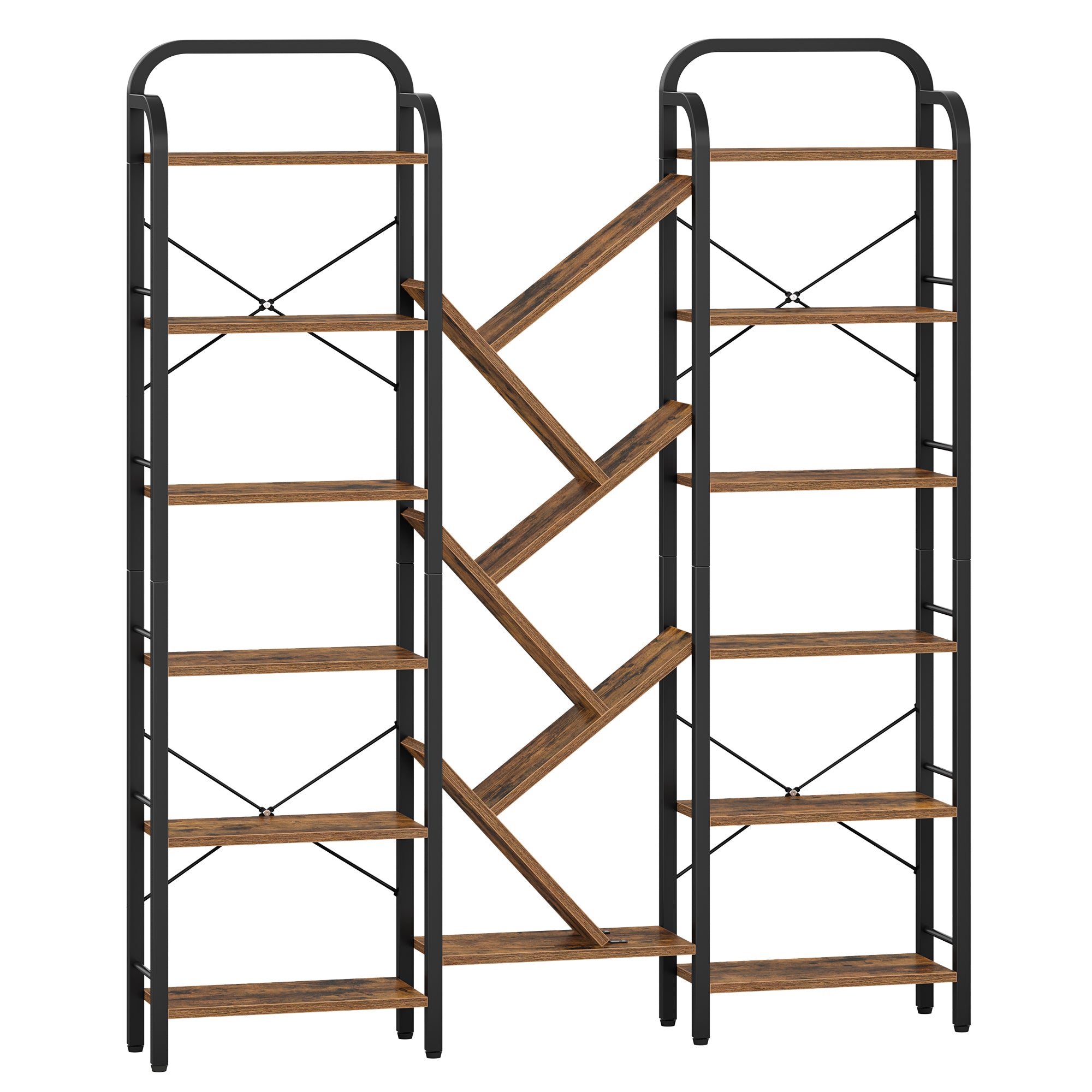 HEXCELEN Bookcase, 6 Tier 18 Compartments Tree Shaped Bookcase, Standing Shelf, Adjustable Open Shelves for Study, Living Room, Vintage Brown/Black, 24 x 152 x 198.5 cm, 615101B