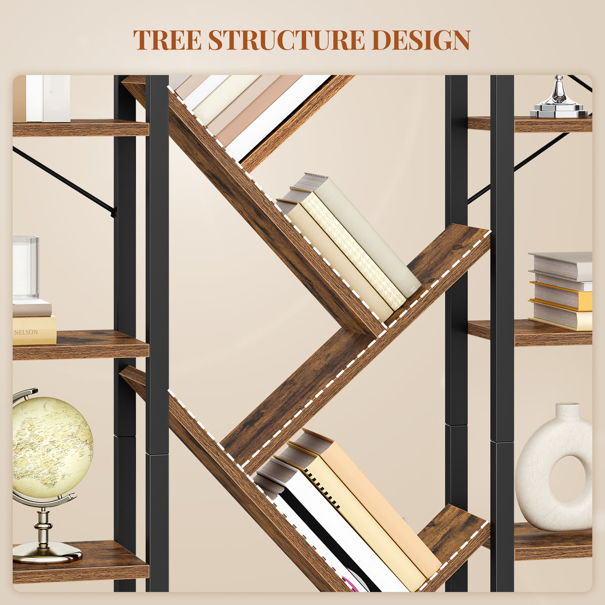 HEXCELEN Bookcase, 6 Tier 18 Compartments Tree Shaped Bookcase, Standing Shelf, Adjustable Open Shelves for Study, Living Room, Vintage Brown/Black, 24 x 152 x 198.5 cm, 615101B