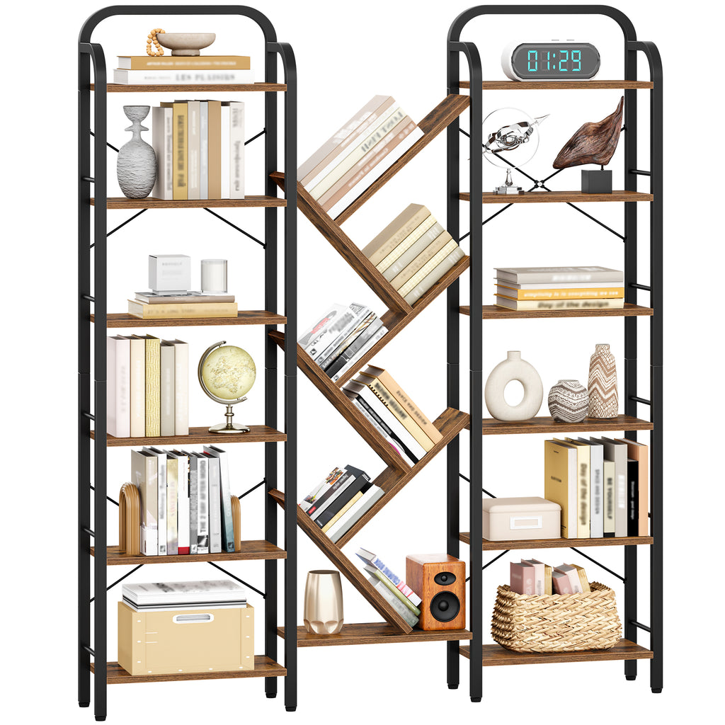 HEXCELEN Bookcase, 6 Tier 18 Compartments Tree Shaped Bookcase, Standing Shelf, Adjustable Open Shelves for Study, Living Room, Vintage Brown/Black, 24 x 152 x 198.5 cm, 615101B