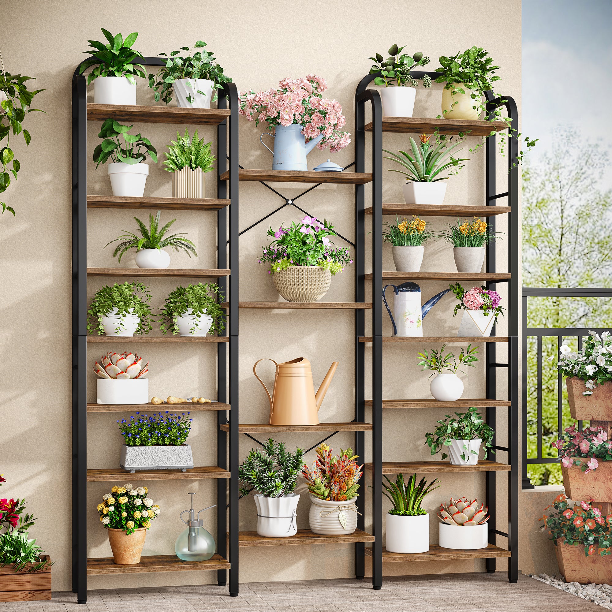 HEXCELEN Bookcase, 6 Tier 18 Compartments Tree Shaped Bookcase, Standing Shelf, Adjustable Open Shelves for Study, Living Room, Vintage Brown/Black, 24 x 152 x 198.5 cm, 615101B