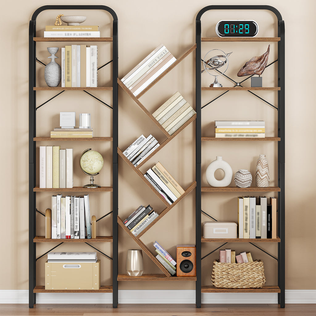 HEXCELEN Bookcase, 6 Tier 18 Compartments Tree Shaped Bookcase, Standing Shelf, Adjustable Open Shelves for Study, Living Room, Vintage Brown/Black, 24 x 152 x 198.5 cm, 615101B