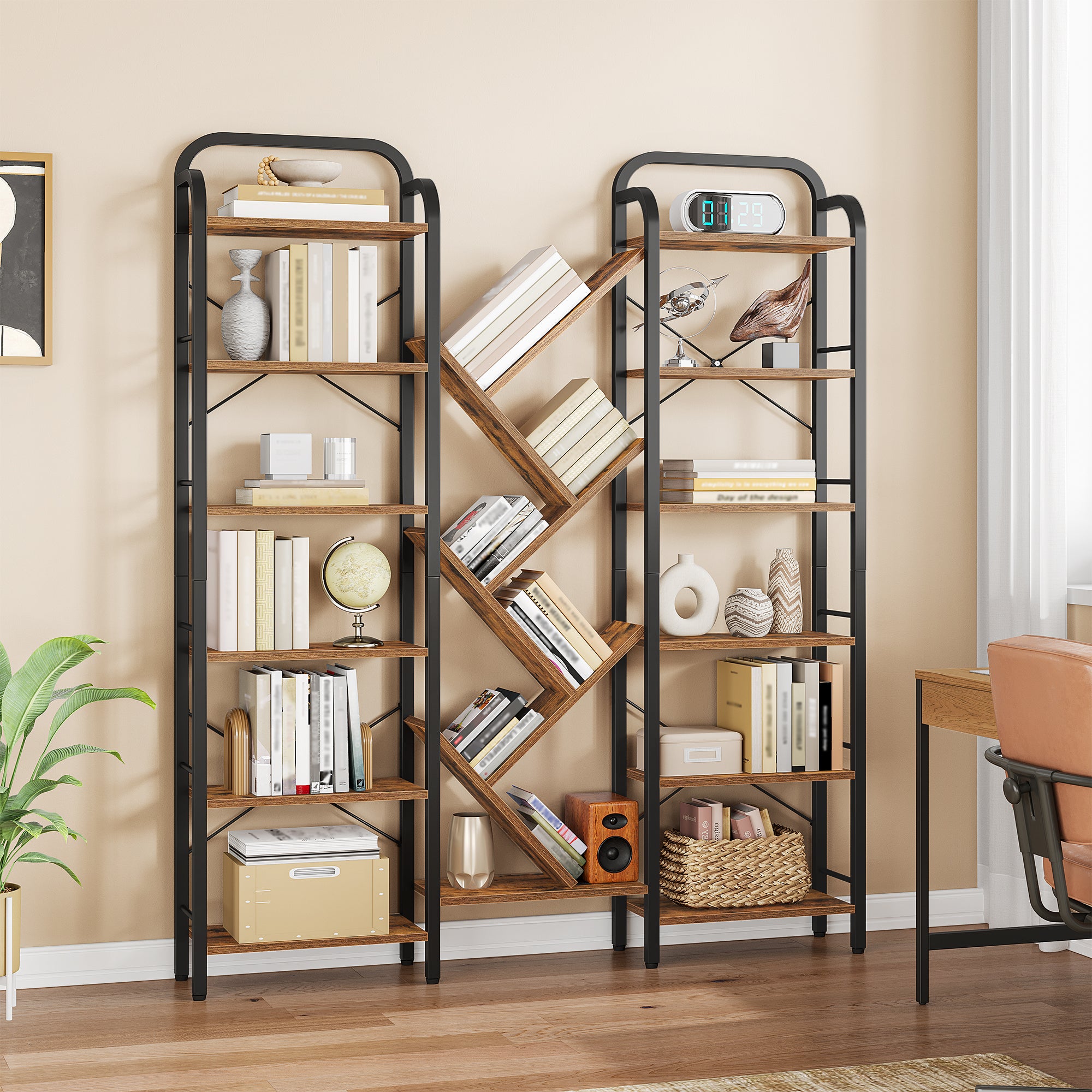 HEXCELEN Bookcase, 6 Tier 18 Compartments Tree Shaped Bookcase, Standing Shelf, Adjustable Open Shelves for Study, Living Room, Vintage Brown/Black, 24 x 152 x 198.5 cm, 615101B