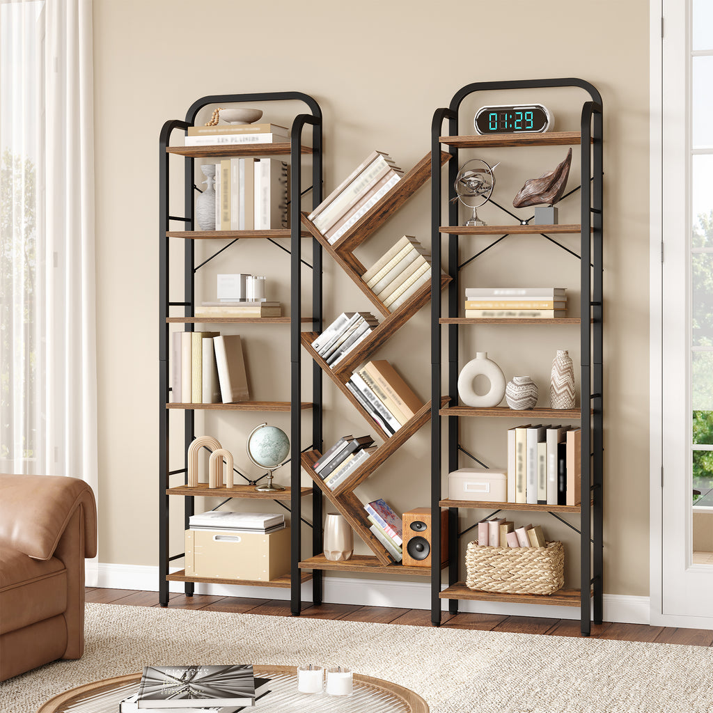 HEXCELEN Bookcase, 6 Tier 18 Compartments Tree Shaped Bookcase, Standing Shelf, Adjustable Open Shelves for Study, Living Room, Vintage Brown/Black, 24 x 152 x 198.5 cm, 615101B
