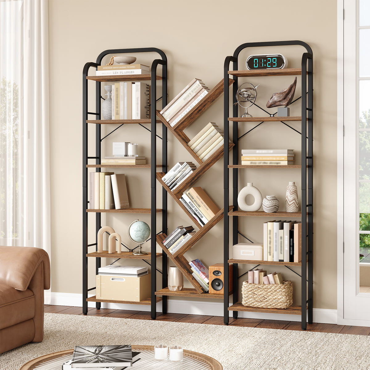 HEXCELEN Bookcase, 6 Tier 18 Compartments Tree Shaped Bookcase, Standing Shelf, Adjustable Open Shelves for Study, Living Room, Vintage Brown/Black, 24 x 152 x 198.5 cm, 615101B