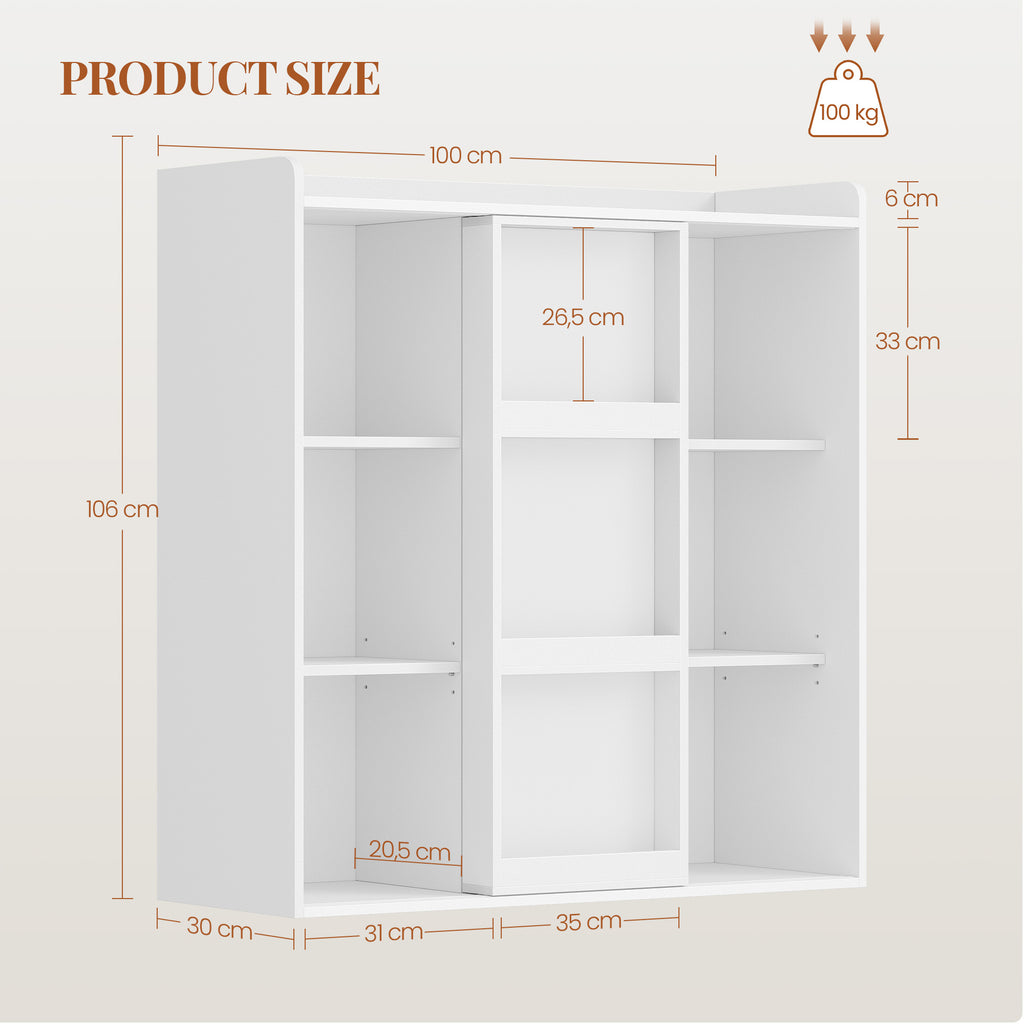 HEXCELEN Bookcase, Bookcase with 9 Cubes, Standing Shelf with Sliding Doors, Adjustable Panels, for Study, Bedroom, Living Room, White, 30 x 100 x 106 cm, 631103X