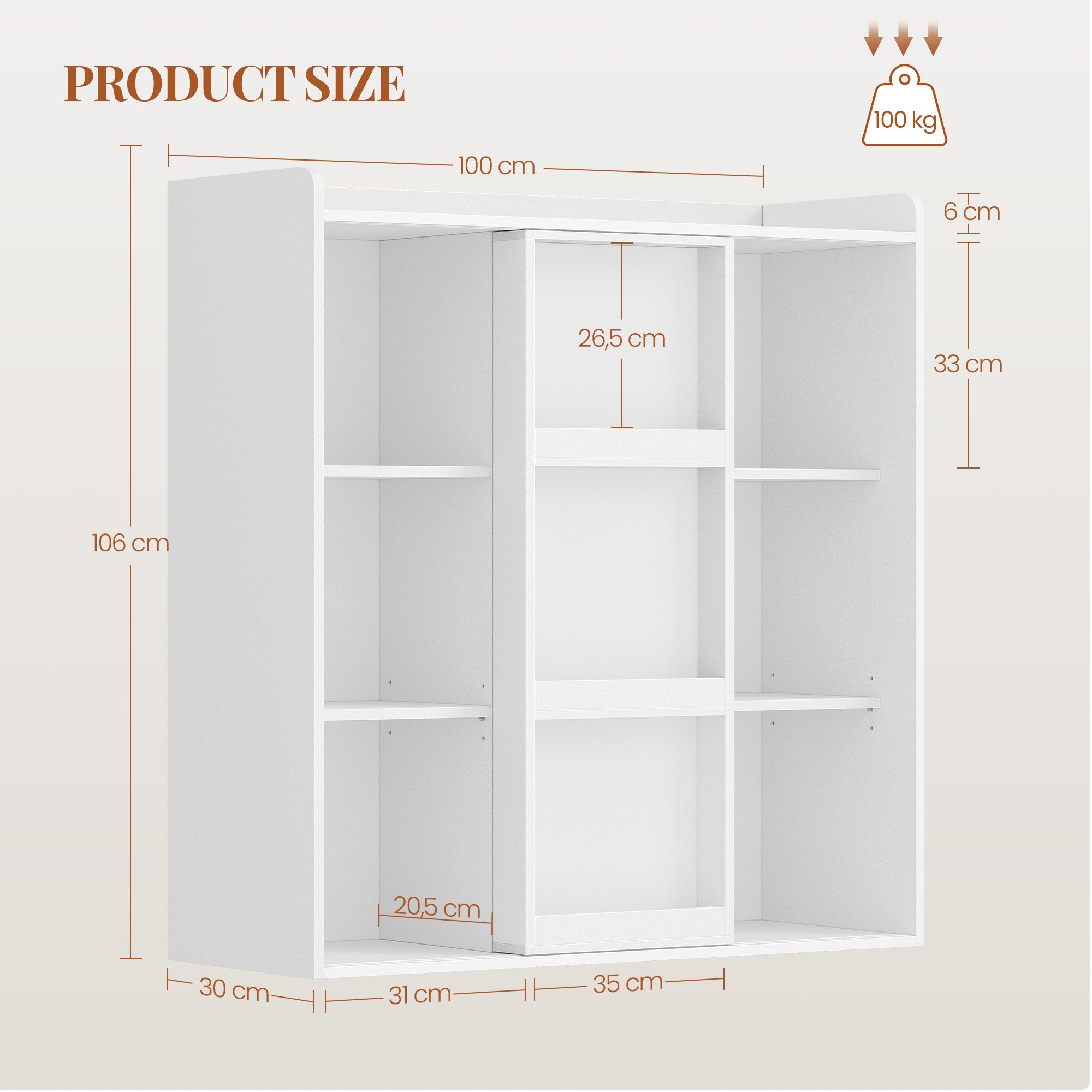 HEXCELEN Bookcase, Bookcase with 9 Cubes, Standing Shelf with Sliding Doors, Adjustable Panels, for Study, Bedroom, Living Room, White, 30 x 100 x 106 cm, 631103X