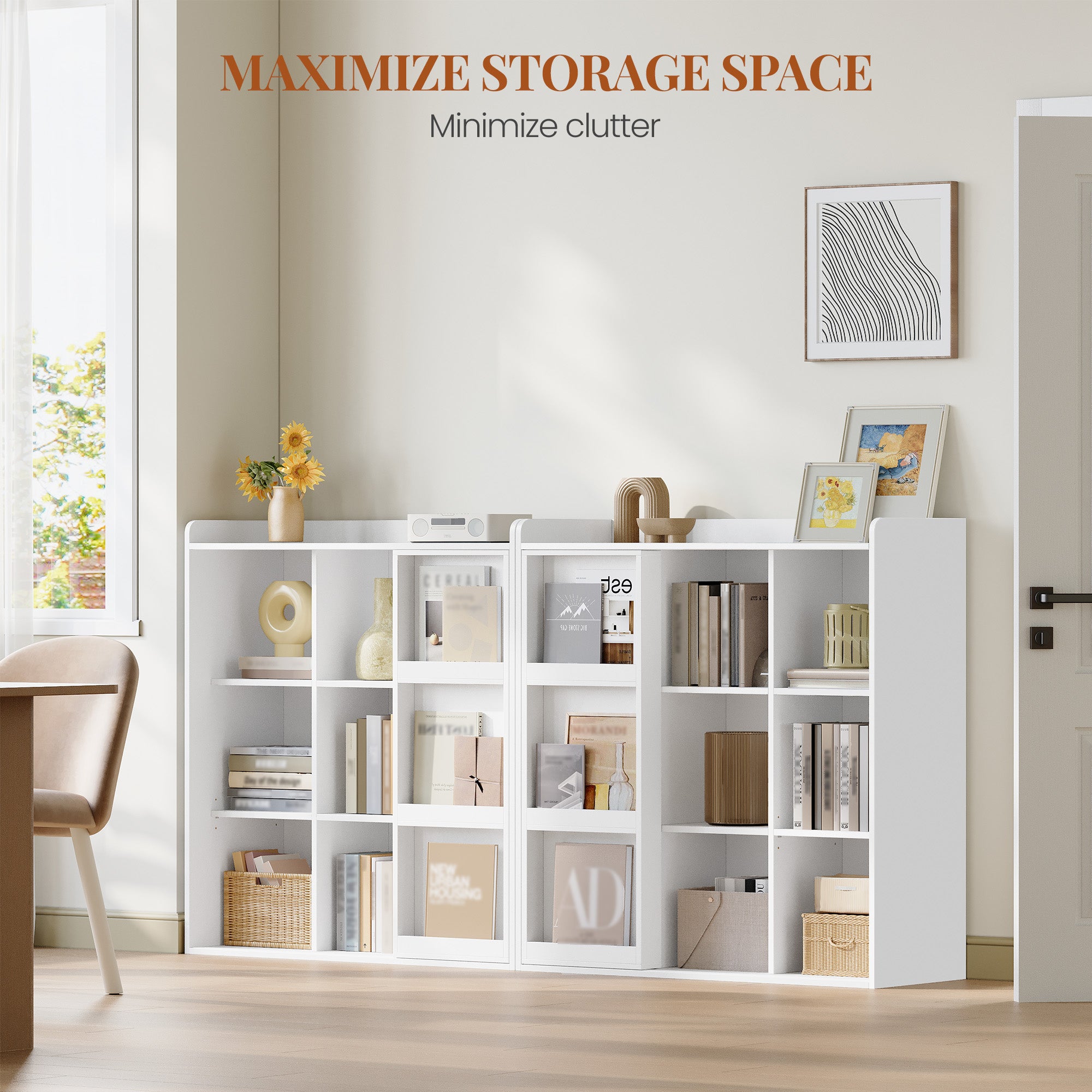 HEXCELEN Bookcase, Bookcase with 9 Cubes, Standing Shelf with Sliding Doors, Adjustable Panels, for Study, Bedroom, Living Room, White, 30 x 100 x 106 cm, 631103X