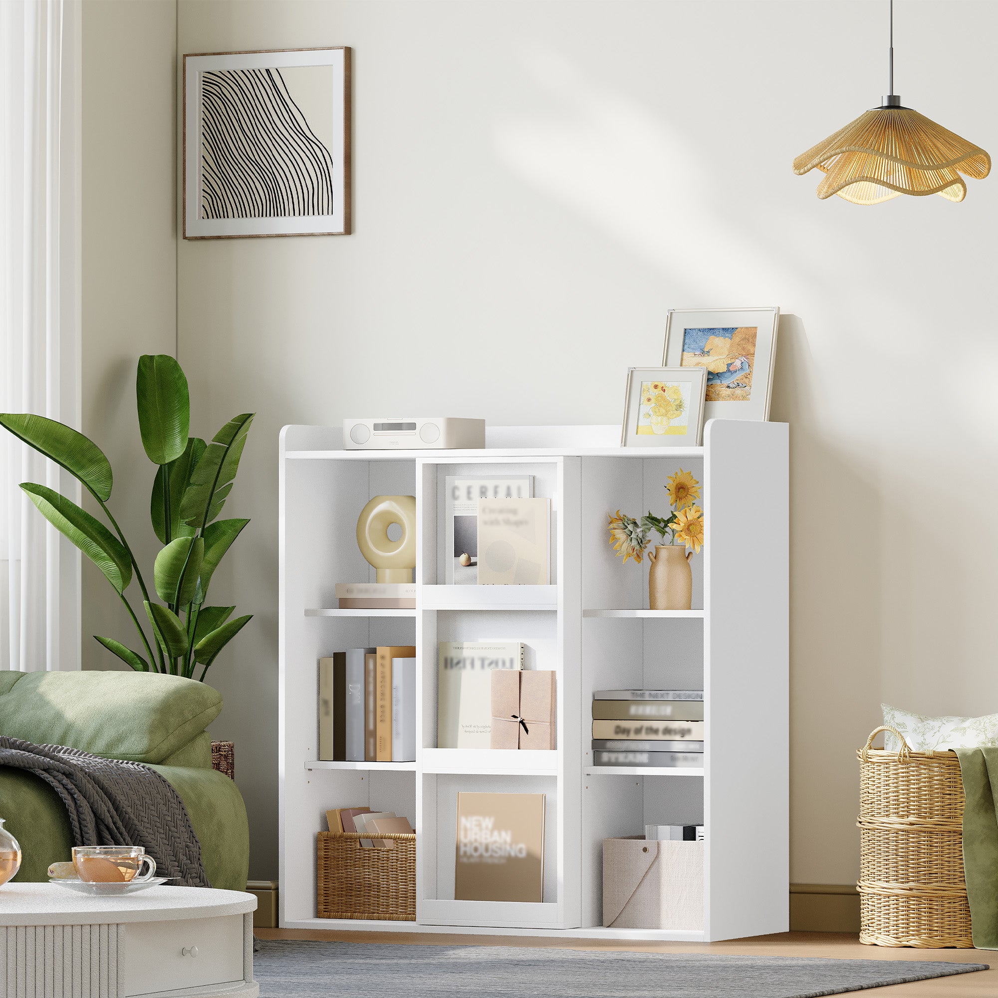 HEXCELEN Bookcase, Bookcase with 9 Cubes, Standing Shelf with Sliding Doors, Adjustable Panels, for Study, Bedroom, Living Room, White, 30 x 100 x 106 cm, 631103X