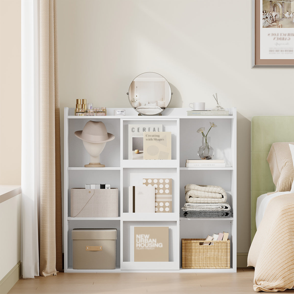HEXCELEN Bookcase, Bookcase with 9 Cubes, Standing Shelf with Sliding Doors, Adjustable Panels, for Study, Bedroom, Living Room, White, 30 x 100 x 106 cm, 631103X