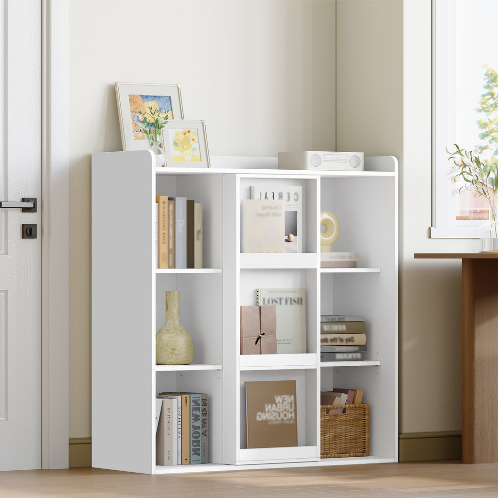 HEXCELEN Bookcase, Bookcase with 9 Cubes, Standing Shelf with Sliding Doors, Adjustable Panels, for Study, Bedroom, Living Room, White, 30 x 100 x 106 cm, 631103X