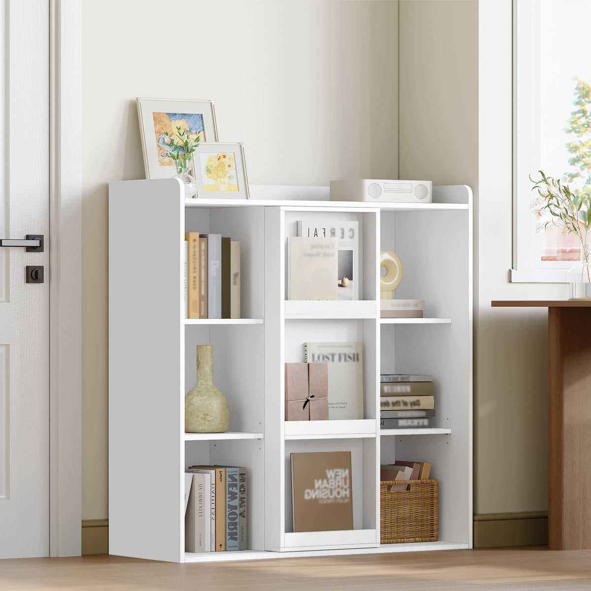HEXCELEN Bookcase, Bookcase with 9 Cubes, Standing Shelf with Sliding Doors, Adjustable Panels, for Study, Bedroom, Living Room, White, 30 x 100 x 106 cm, 631103X