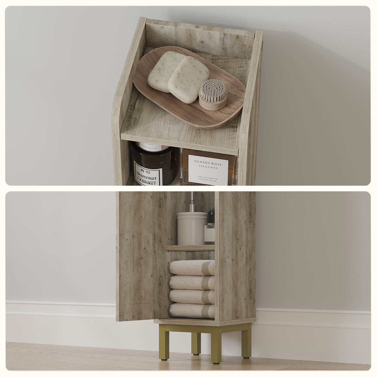 Hzuaneri Bathroom Storage Cabinet, 32.7" Tall Space‑Saving Corner Freestanding Floor Organizer with Door, Adjustable Shelves & Built‑in Toilet Paper Holder for Small Spaces, Rustic Greige