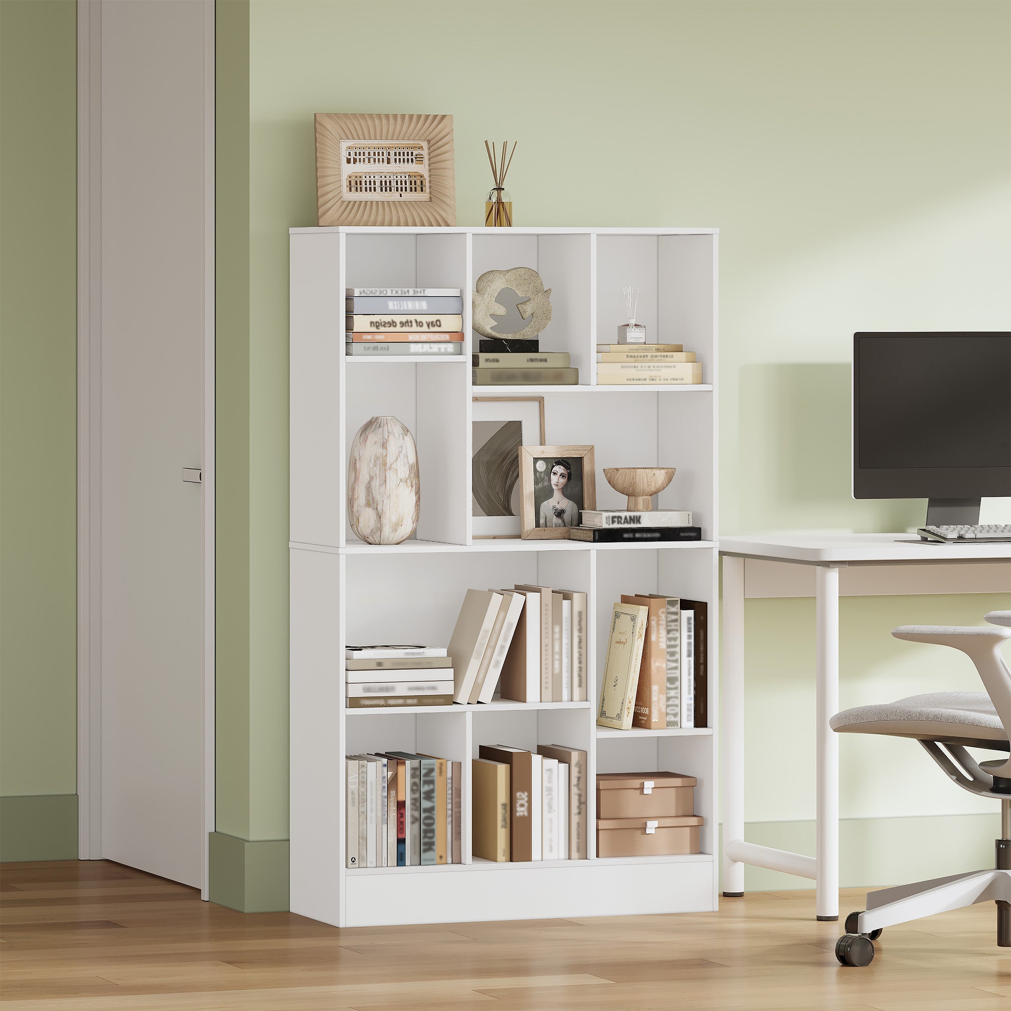 HEXCELEN Bookcase, Bookcase with 10 Compartments, Cube Shelf, Standing Shelf, Office Shelf, Vertical and Horizontal, 2 Types of Placement for Office, Living Room, Bedroom, 30 x 80.2 x 136 cm, Modern White, 641303X