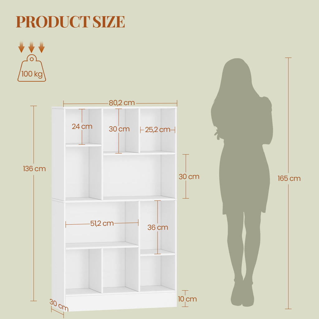 HEXCELEN Bookcase, Bookcase with 10 Compartments, Cube Shelf, Standing Shelf, Office Shelf, Vertical and Horizontal, 2 Types of Placement for Office, Living Room, Bedroom, 30 x 80.2 x 136 cm, Modern White, 641303X