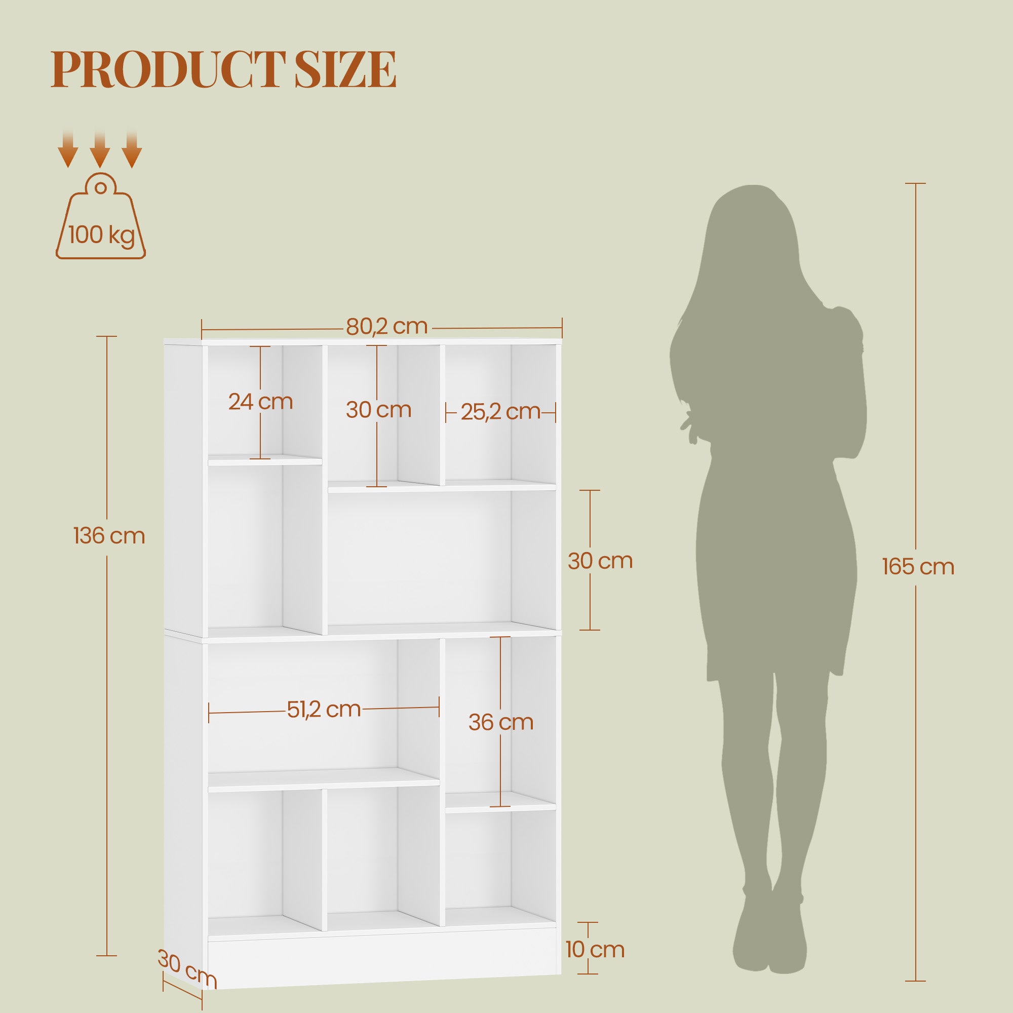 HEXCELEN Bookcase, Bookcase with 10 Compartments, Cube Shelf, Standing Shelf, Office Shelf, Vertical and Horizontal, 2 Types of Placement for Office, Living Room, Bedroom, 30 x 80.2 x 136 cm, Modern White, 641303X