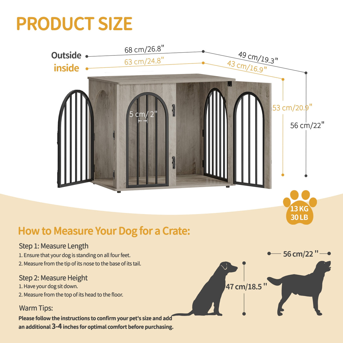 Hzuaneri 26.8" Dog Crate Furniture, Wooden Dog Kennel with Cushion, Indoor Dog Cage for Small Dogs, Decorative Pet House Side End Table, Chew-Resistant, Greige