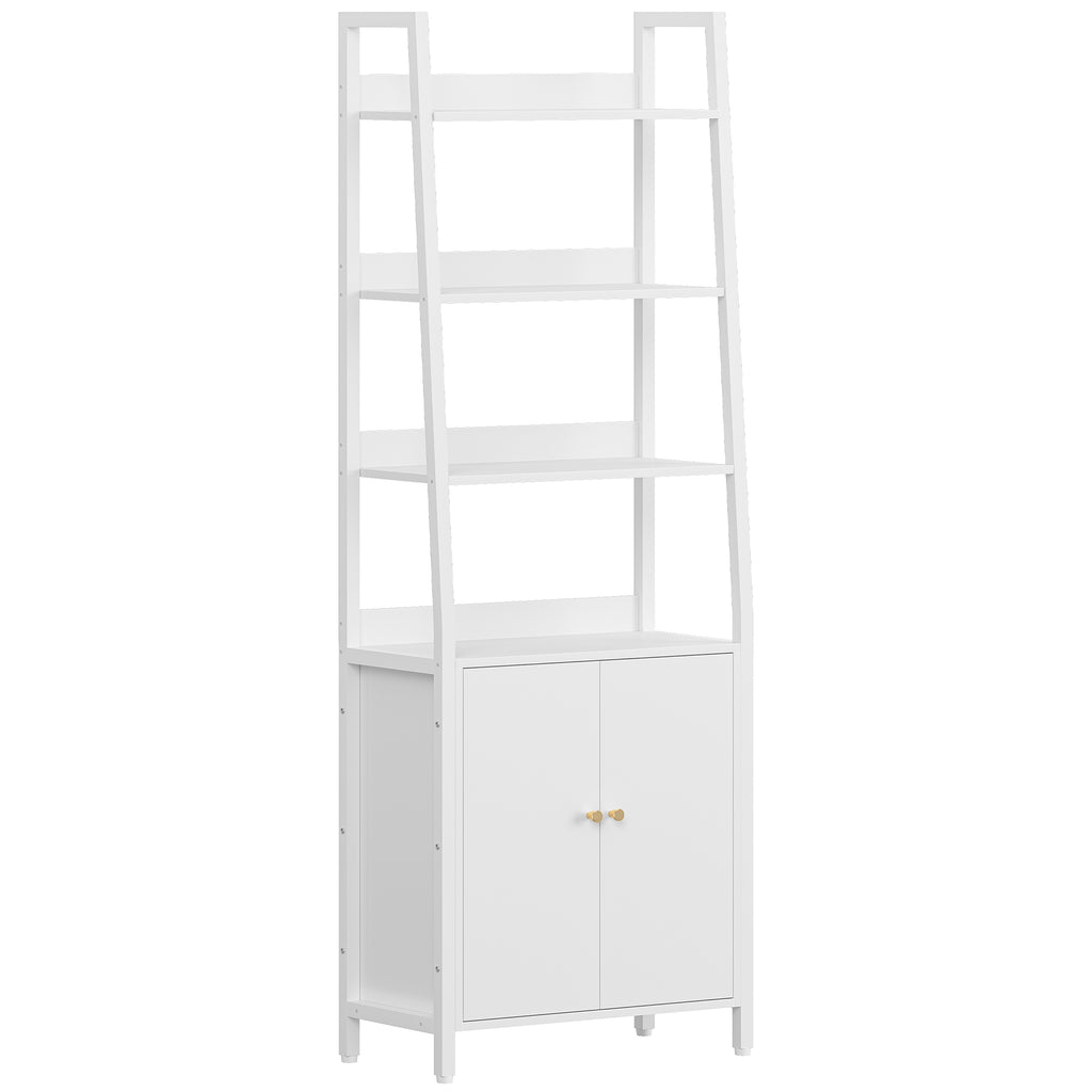 HEXCELEN 6 Tier Bookcase with Doors, Vertical Trapezoidal Bookcase, Bookcases with 4 Open Shelves (Metal Structure), Adjustable Shelves for Bedroom, Living Room, Modern, White, 661603W