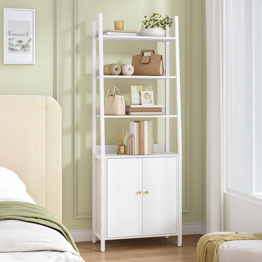 HEXCELEN 6 Tier Bookcase with Doors, Vertical Trapezoidal Bookcase, Bookcases with 4 Open Shelves (Metal Structure), Adjustable Shelves for Bedroom, Living Room, Modern, White, 661603W