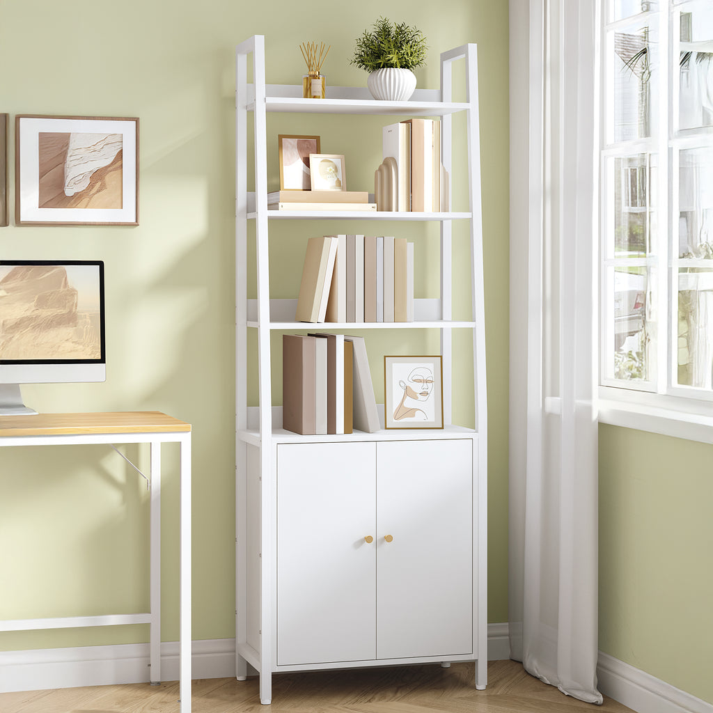 HEXCELEN 6 Tier Bookcase with Doors, Vertical Trapezoidal Bookcase, Bookcases with 4 Open Shelves (Metal Structure), Adjustable Shelves for Bedroom, Living Room, Modern, White, 661603W