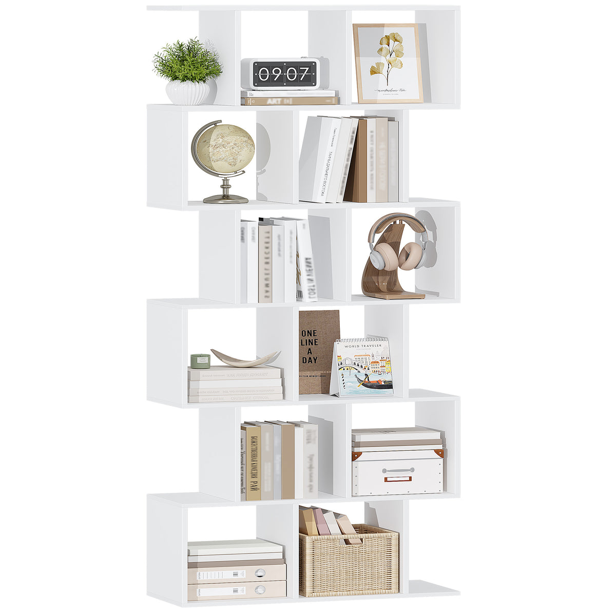 HEXCELEN Bookcase, 6 Tier Bookshelf, Office Bookshelf, Storage Shelf, Display Shelf, Freestanding Bookcase, for Living Room, Bedroom, Office, Modern Style, 29 x 78.6 x 188.4 cm, White, 661803X