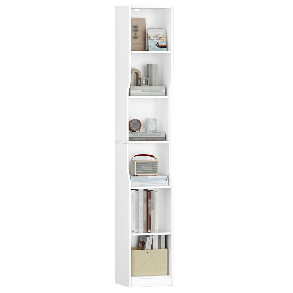 HEXCELEN Bookcase, 6 Tier Vertical Bookcase, Slim Shelf, Standing Shelf, Cube Shelf, Storage Shelf, for Office, Living Room, Bedroom, 28 × 30 × 181 cm, Modern Style, White, 663103X