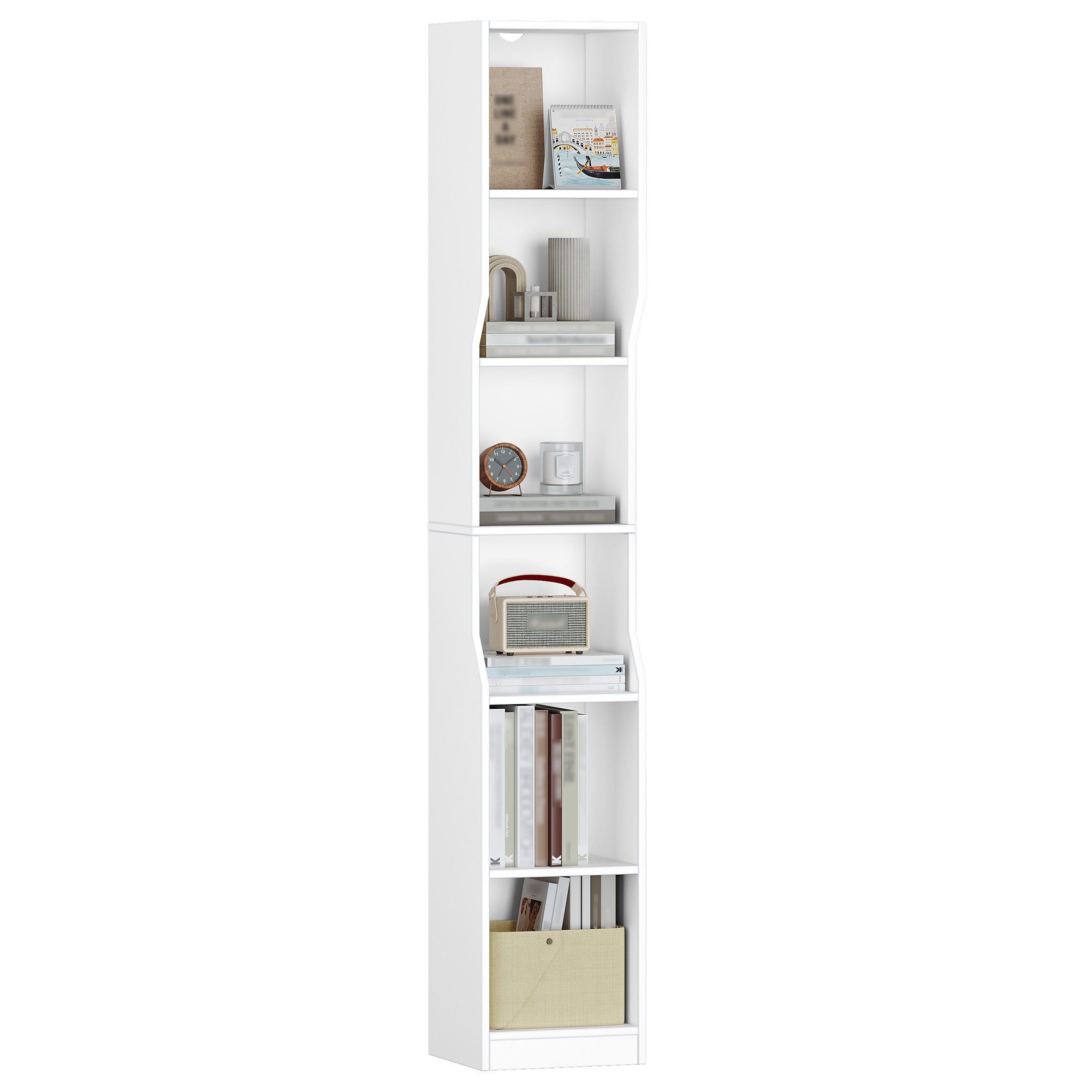 HEXCELEN Bookcase, 6 Tier Vertical Bookcase, Slim Shelf, Standing Shelf, Cube Shelf, Storage Shelf, for Office, Living Room, Bedroom, 28 × 30 × 181 cm, Modern Style, White, 663103X