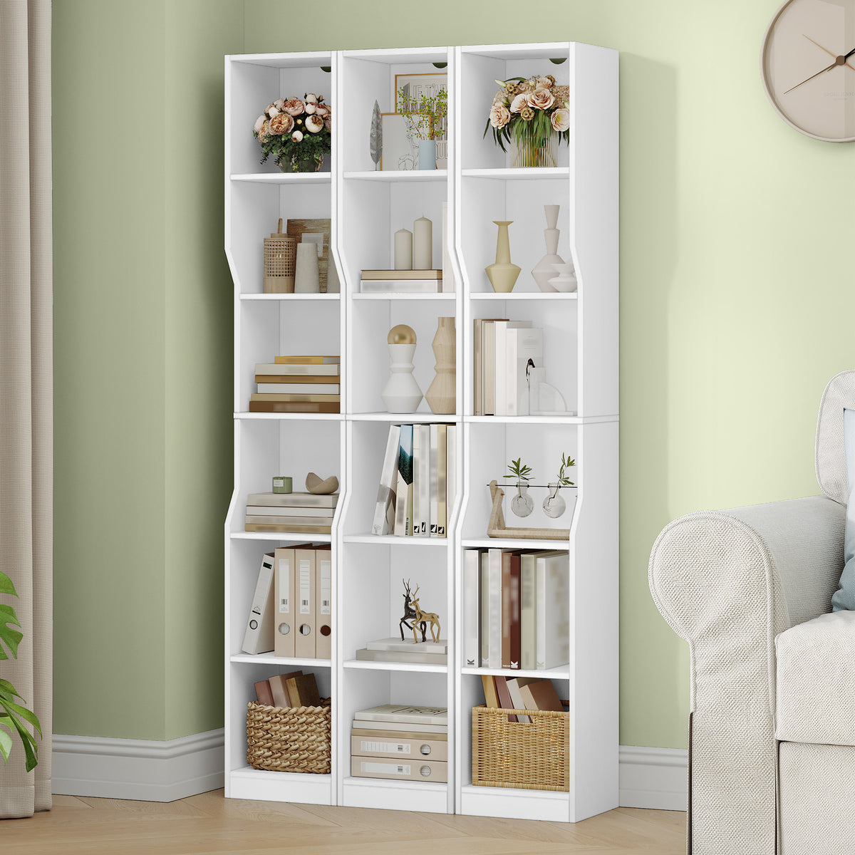 HEXCELEN Bookcase, 6 Tier Vertical Bookcase, Slim Shelf, Standing Shelf, Cube Shelf, Storage Shelf, for Office, Living Room, Bedroom, 28 × 30 × 181 cm, Modern Style, White, 663103X