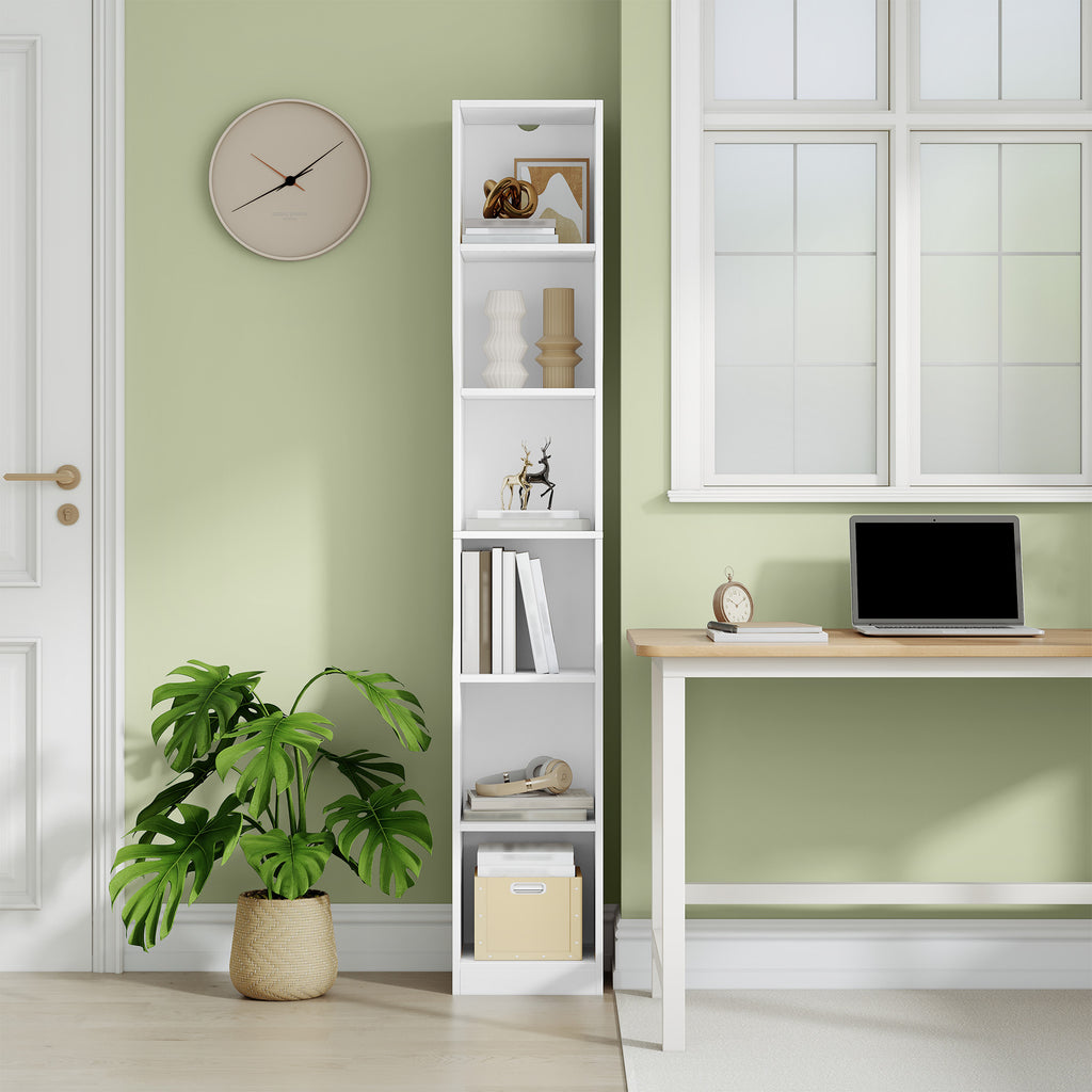 HEXCELEN Bookcase, 6 Tier Vertical Bookcase, Slim Shelf, Standing Shelf, Cube Shelf, Storage Shelf, for Office, Living Room, Bedroom, 28 × 30 × 181 cm, Modern Style, White, 663103X