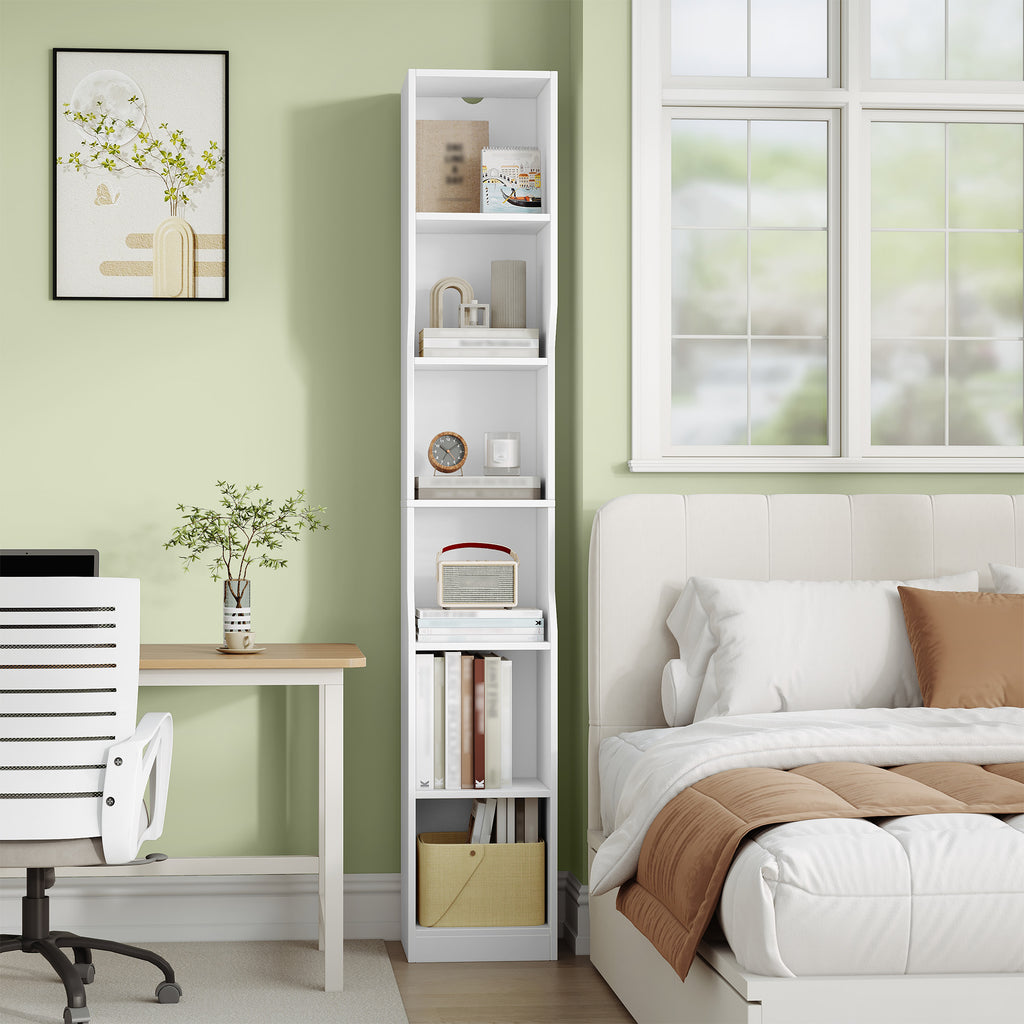 HEXCELEN Bookcase, 6 Tier Vertical Bookcase, Slim Shelf, Standing Shelf, Cube Shelf, Storage Shelf, for Office, Living Room, Bedroom, 28 × 30 × 181 cm, Modern Style, White, 663103X