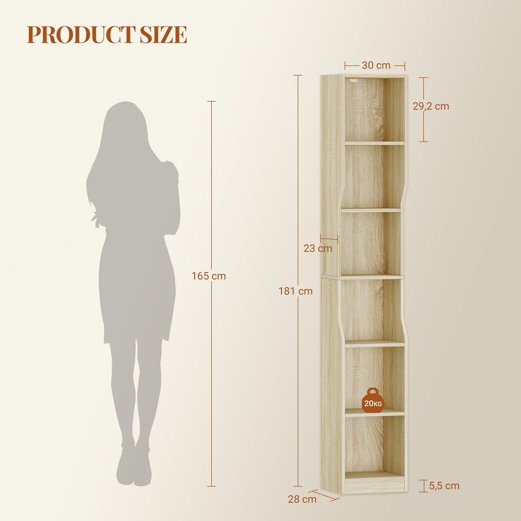 HEXCELEN Bookshelf, 6-Tier Vertical Bookshelf, Narrow Shelf, Freestanding Shelf, Cube Shelf, Storage Shelf, for Office, Living Room, Bedroom, 28 × 30 × 181 cm, Modern Style, Oak Beige, 663116X