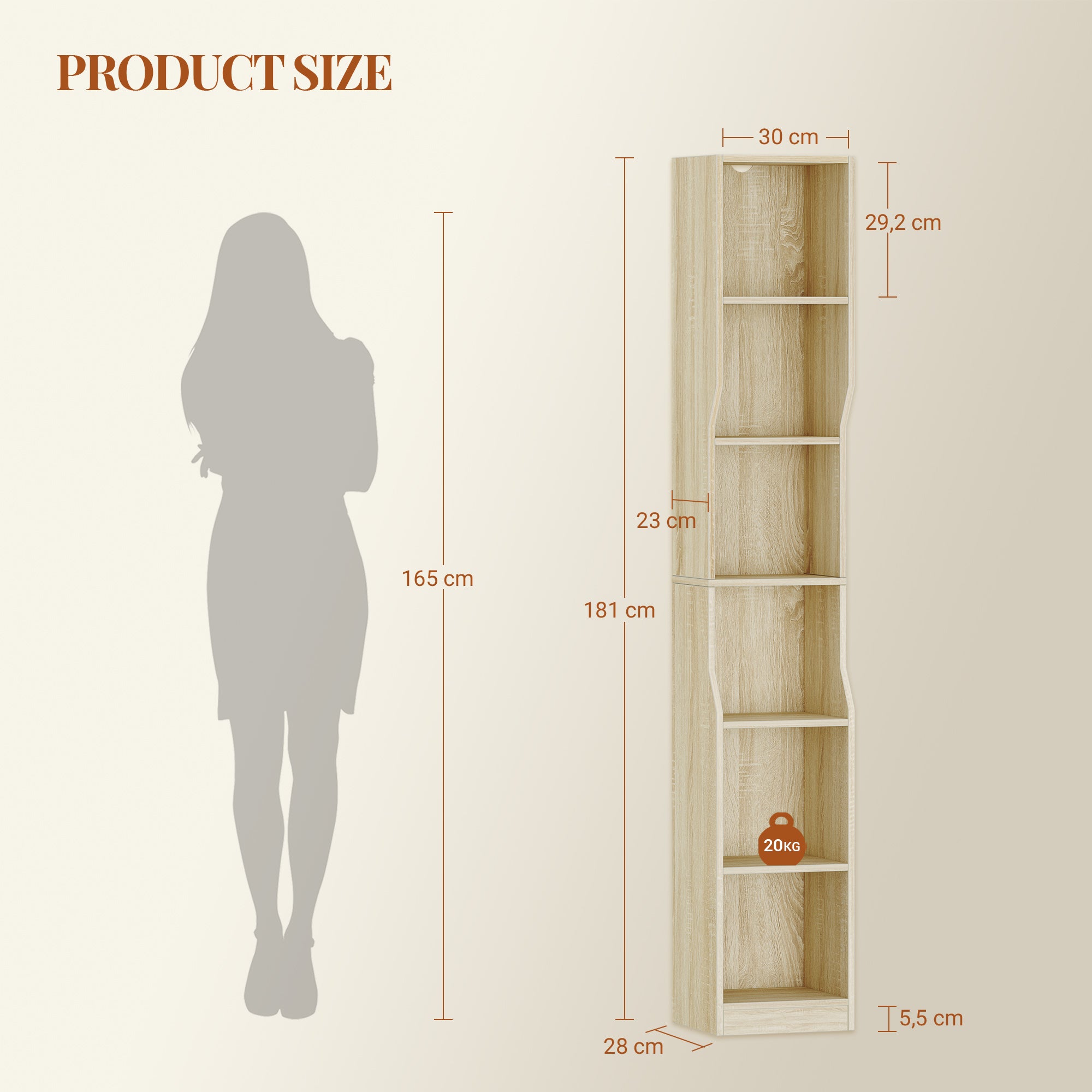HEXCELEN Bookshelf, 6-Tier Vertical Bookshelf, Narrow Shelf, Freestanding Shelf, Cube Shelf, Storage Shelf, for Office, Living Room, Bedroom, 28 × 30 × 181 cm, Modern Style, Oak Beige, 663116X