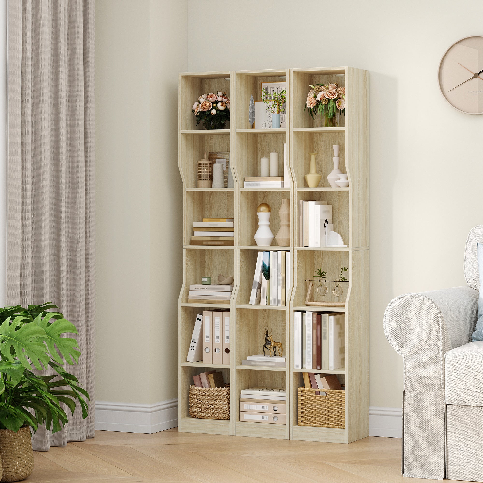 HEXCELEN Bookshelf, 6-Tier Vertical Bookshelf, Narrow Shelf, Freestanding Shelf, Cube Shelf, Storage Shelf, for Office, Living Room, Bedroom, 28 × 30 × 181 cm, Modern Style, Oak Beige, 663116X