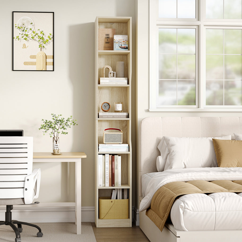 HEXCELEN Bookshelf, 6-Tier Vertical Bookshelf, Narrow Shelf, Freestanding Shelf, Cube Shelf, Storage Shelf, for Office, Living Room, Bedroom, 28 × 30 × 181 cm, Modern Style, Oak Beige, 663116X