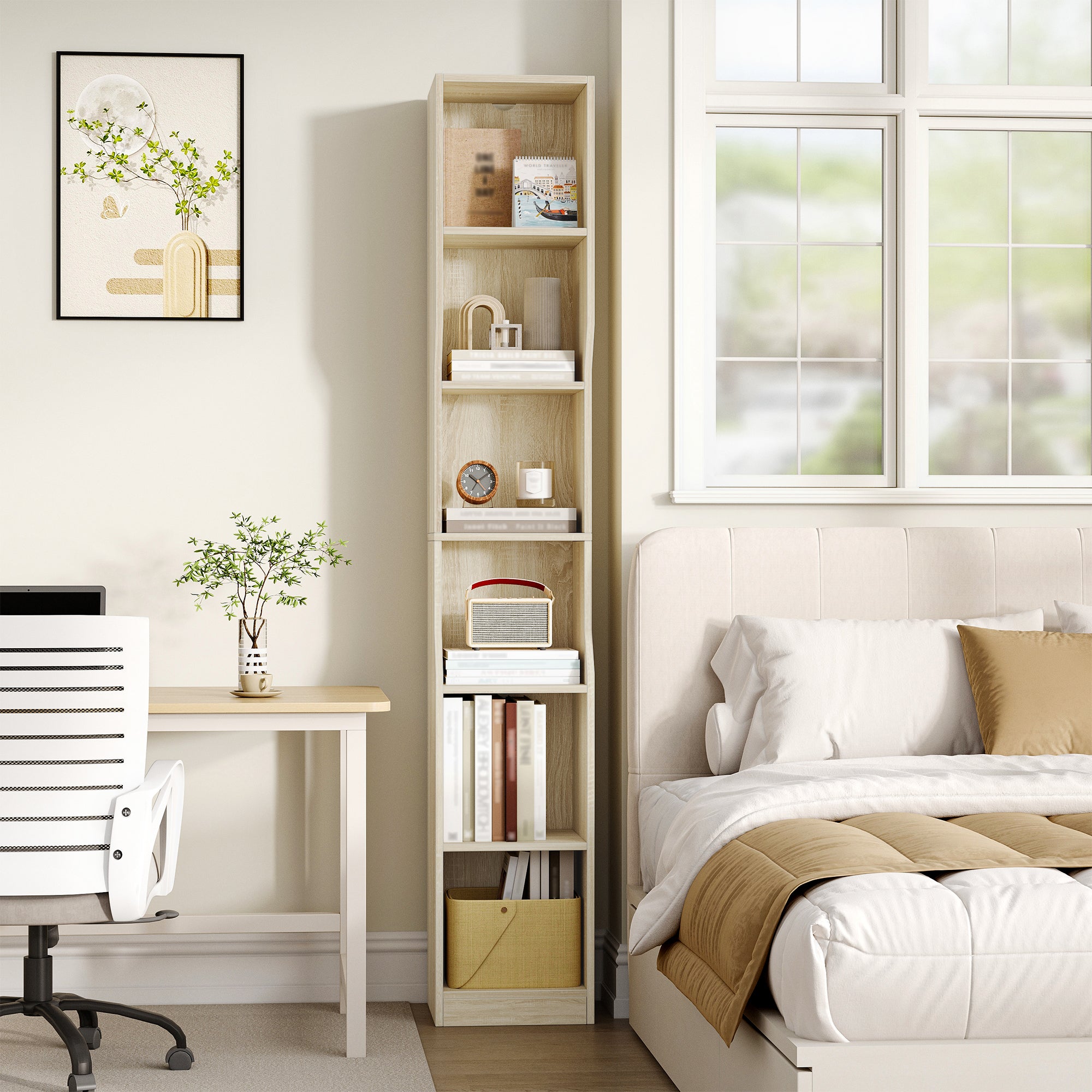 HEXCELEN Bookshelf, 6-Tier Vertical Bookshelf, Narrow Shelf, Freestanding Shelf, Cube Shelf, Storage Shelf, for Office, Living Room, Bedroom, 28 × 30 × 181 cm, Modern Style, Oak Beige, 663116X