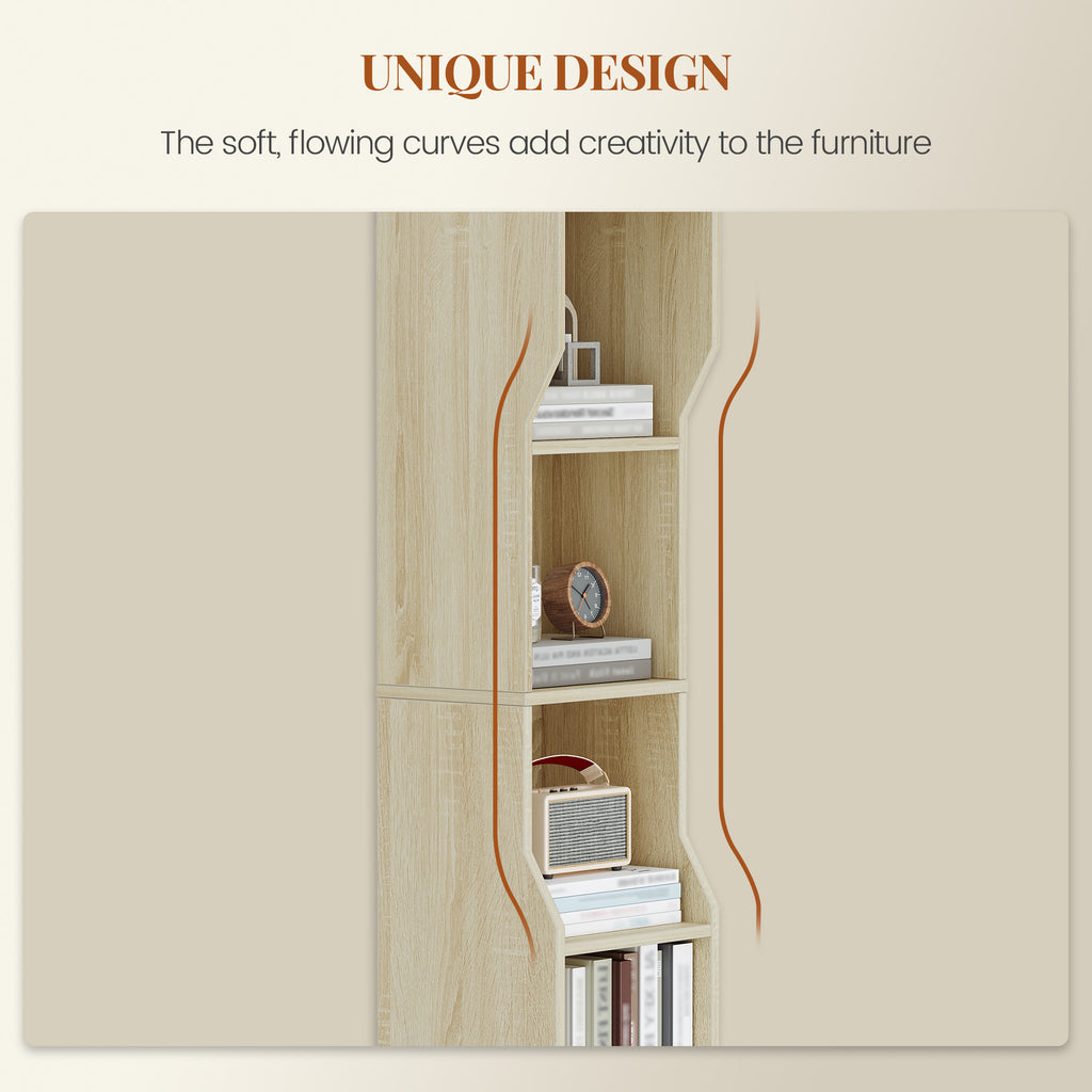 HEXCELEN Bookshelf, 6-Tier Vertical Bookshelf, Narrow Shelf, Freestanding Shelf, Cube Shelf, Storage Shelf, for Office, Living Room, Bedroom, 28 × 30 × 181 cm, Modern Style, Oak Beige, 663116X