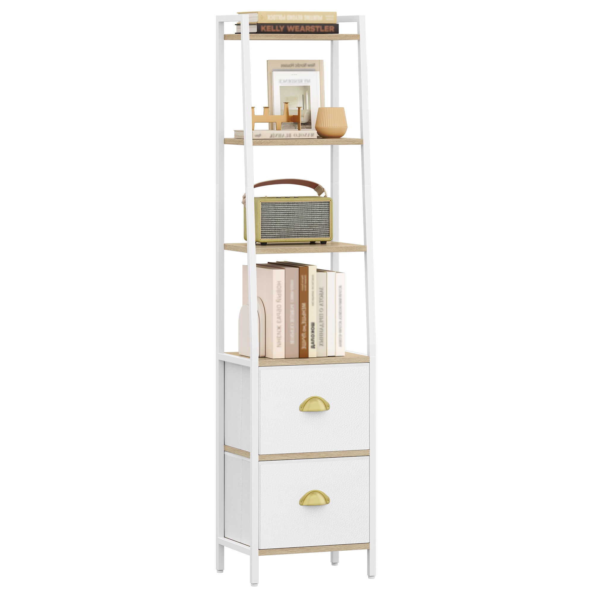 HEXCELEN Bookcase, Slim Shelf with 6 Levels and 2 Folding Fabric Drawers, Ladder Shelf, Standing Shelf, Office Shelf, for Bedroom, Living Room, Office, 30 x 40 x 171.6 cm, White Oak and White, 664116W