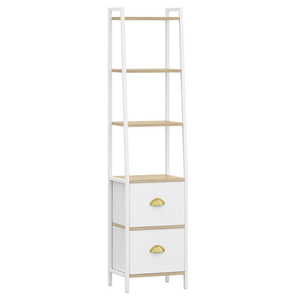 HEXCELEN Bookcase, Slim Shelf with 6 Levels and 2 Folding Fabric Drawers, Ladder Shelf, Standing Shelf, Office Shelf, for Bedroom, Living Room, Office, 30 x 40 x 171.6 cm, White Oak and White, 664116W