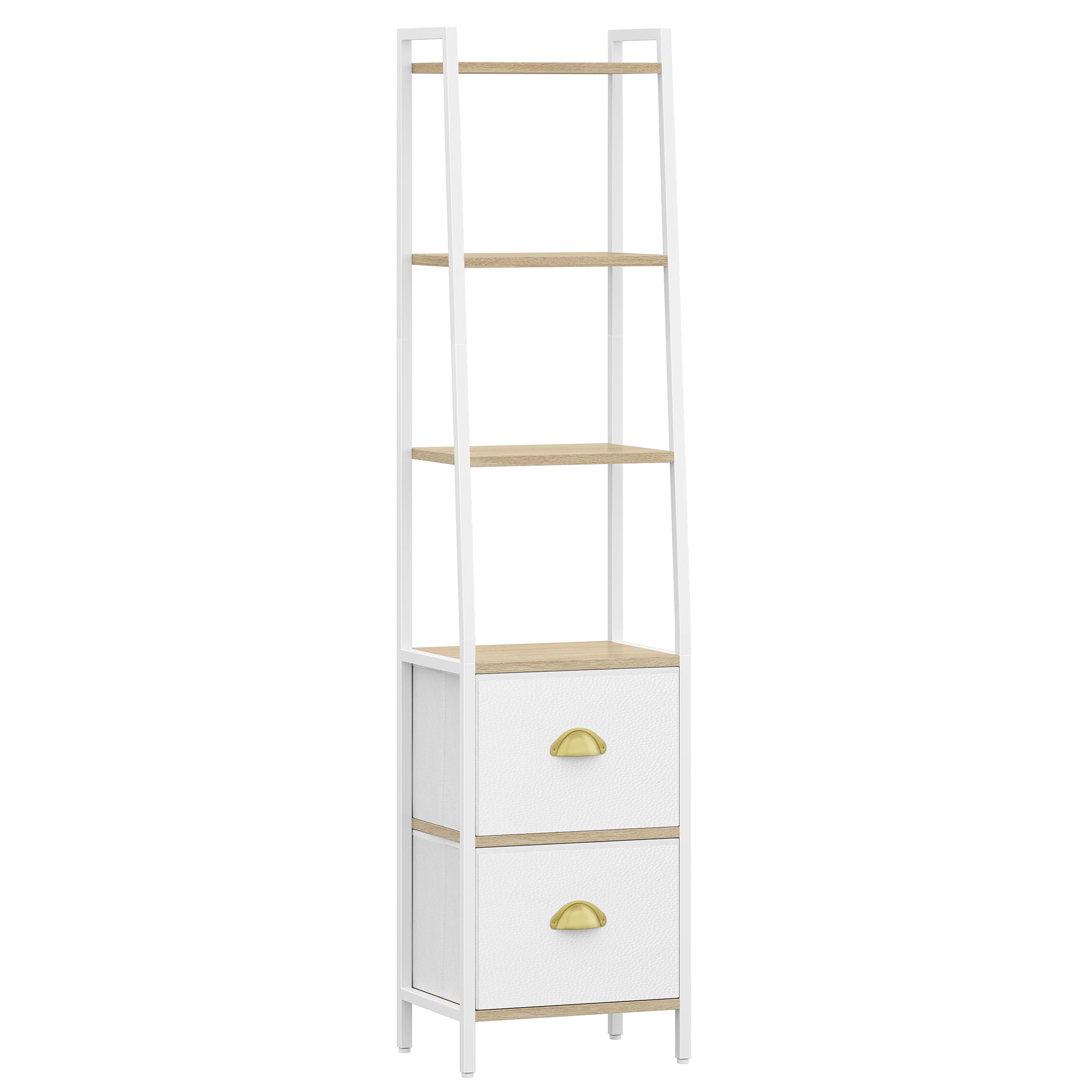 HEXCELEN Bookcase, Slim Shelf with 6 Levels and 2 Folding Fabric Drawers, Ladder Shelf, Standing Shelf, Office Shelf, for Bedroom, Living Room, Office, 30 x 40 x 171.6 cm, White Oak and White, 664116W